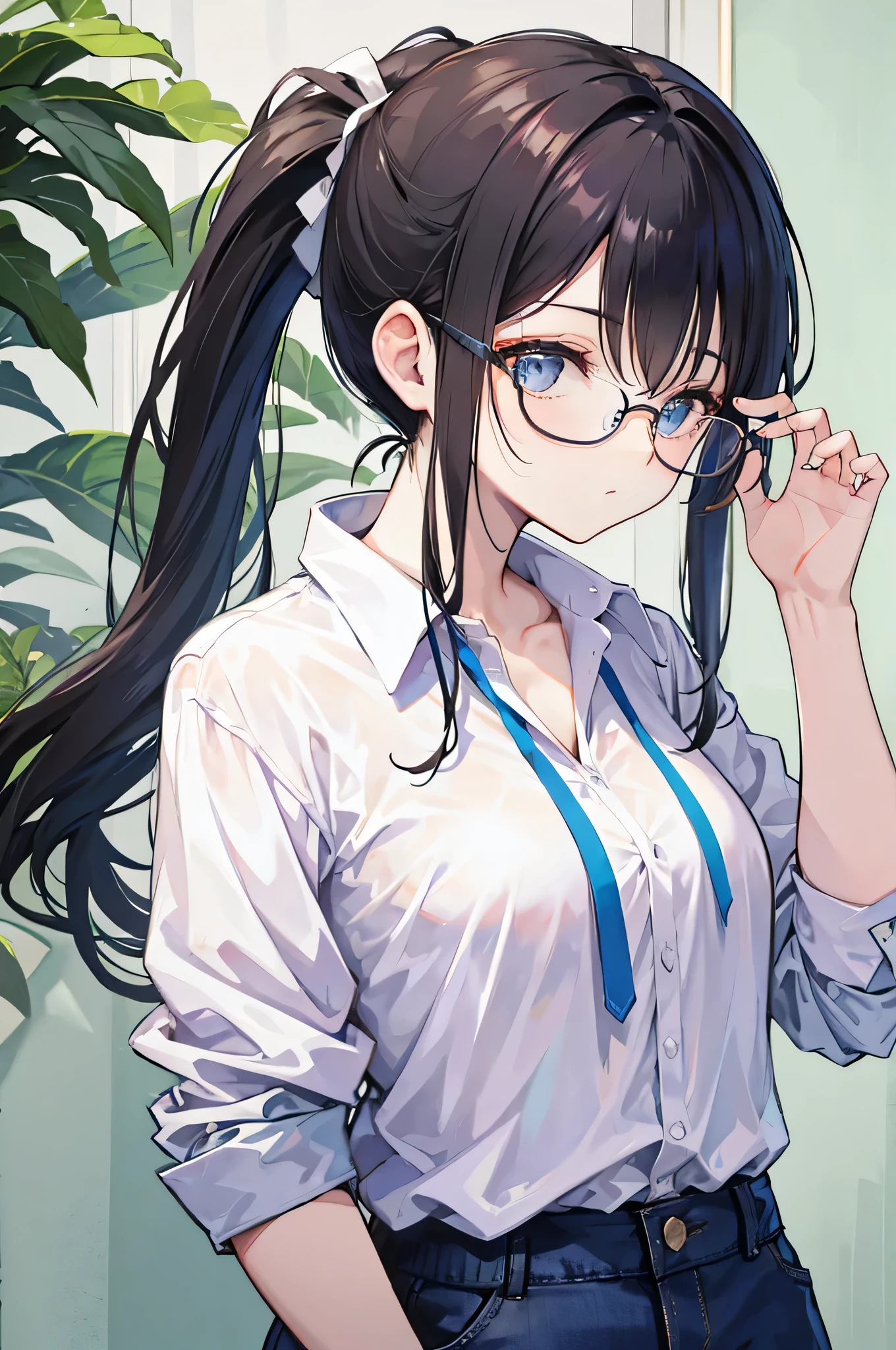 ponytail,Wearing a shirt,A woman wearing glasses