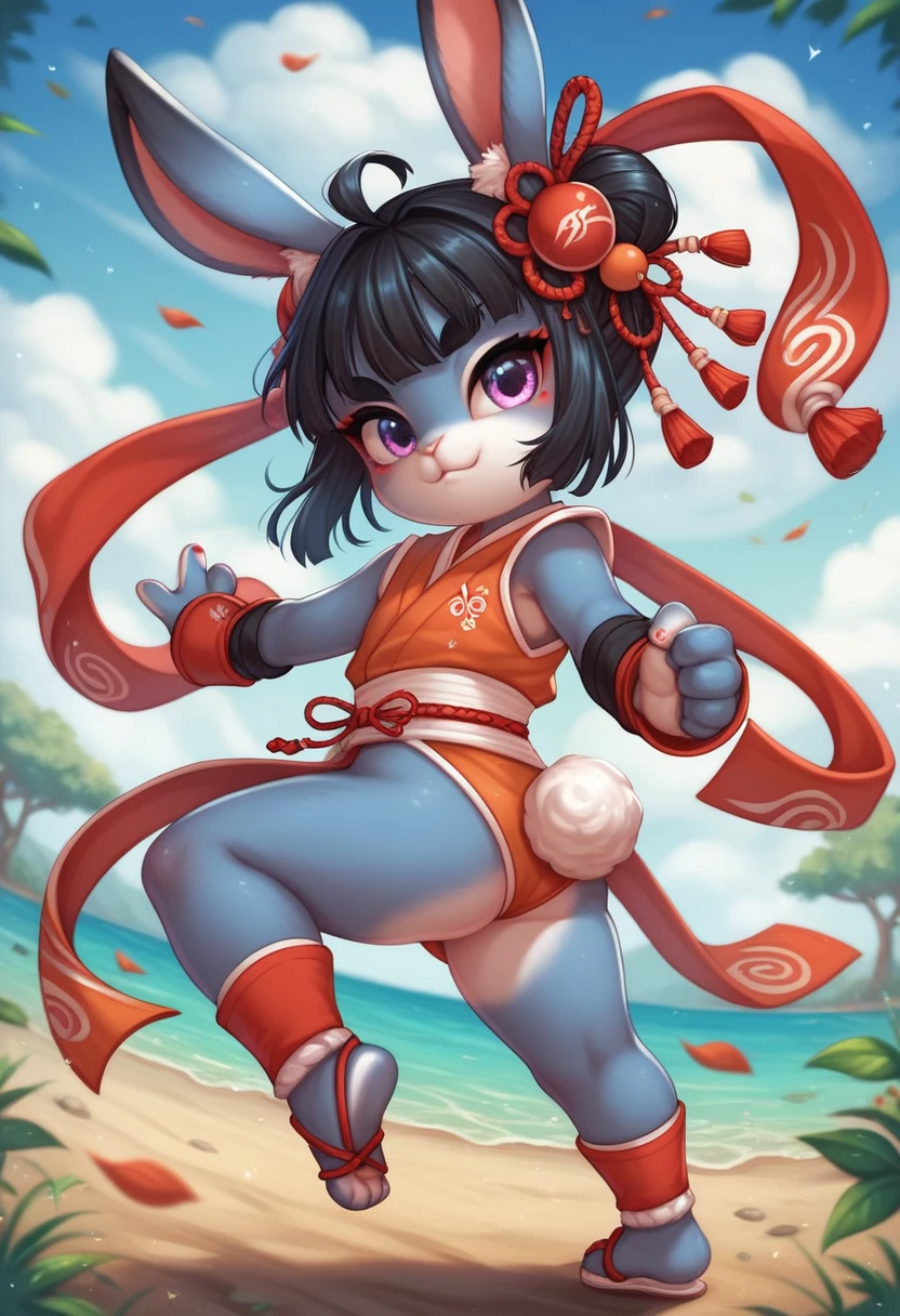 1girl, rabbitfolk, fantasy race, slutty revealing outfit, rabbit ears, rabbit tail, anthro rabbitfolk, martial artist, posing, black hair, anthro, anthro face, monk, hair ornament, bun, shortstack,