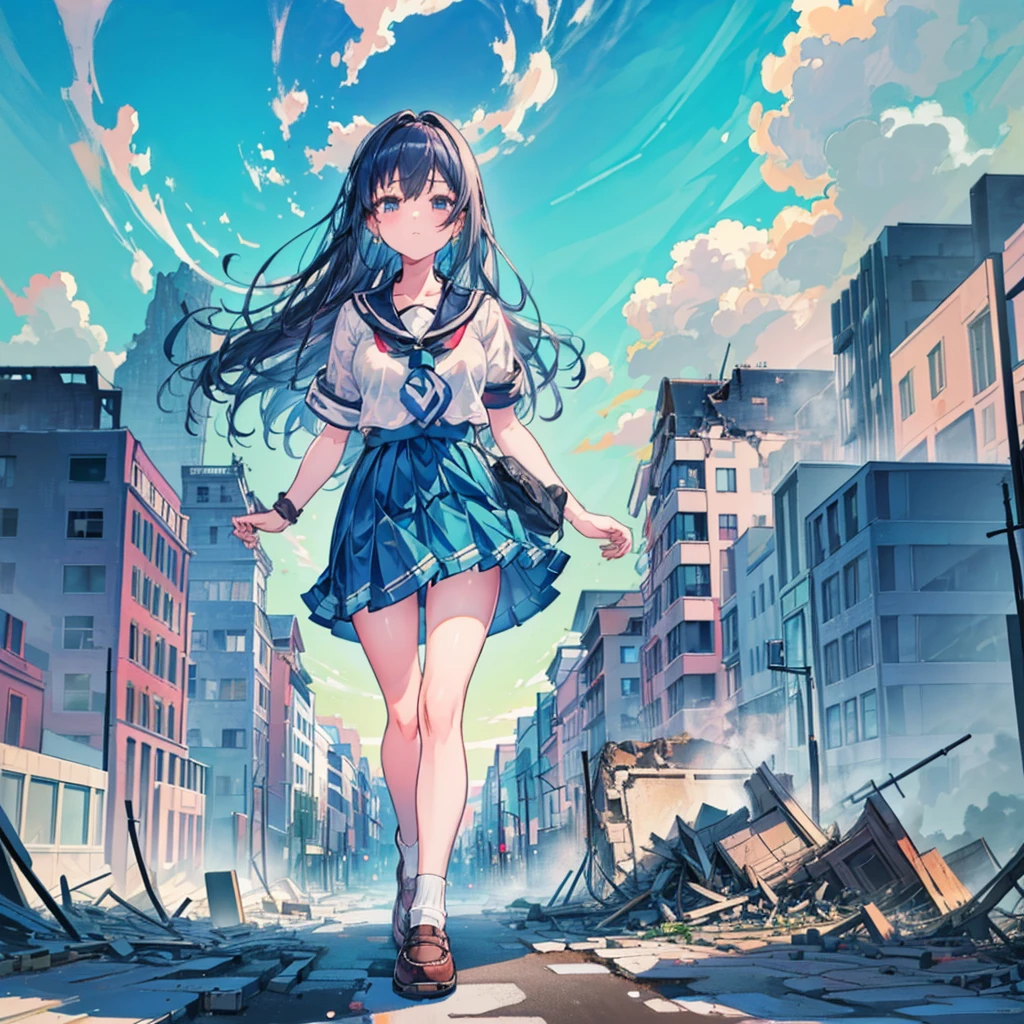 Composition viewed from below (blue sky) ((cumulonimbus)) masterpiece Anime Style Delicate painting 4K 90's giant crowd ((battlefield)) ((destroyed metropolis)) ((Collapsed building)) ((ruins)) ((Rubble pile)) ((fire)) ((cigarette)) crowd Crowd of people ((((A giant schoolgirl walking through the city valley))) ((Sailor suit)) White socks watch Black Hair smile female giant giant girl Whole body Crowd Unreal Engine,cleavage ,a drawing of a , earrings, long hair,Cute picture Beauty Analog style whole body sneakers