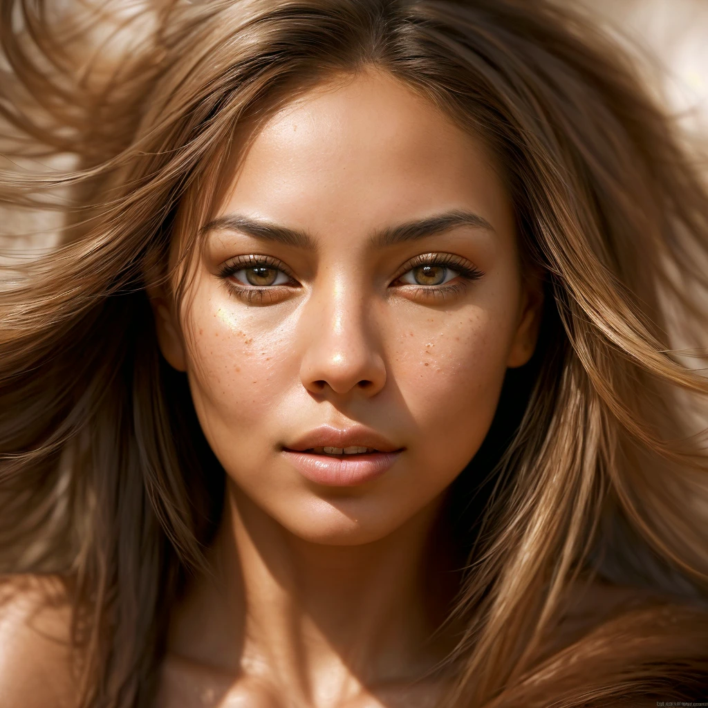 A (stunning woman portrait) in Midjourney style, exquisite details in facial features, expressive eyes, soft lighting highlighting the curves of the face, warm color palette with rich skin tones, background featuring abstract elements that complement the subject, (ultra-detailed), captivating atmosphere evoking serenity and empowerment through artistry, (high-resolution).