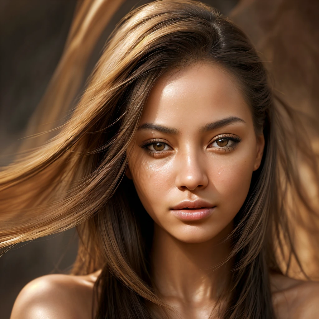 A (stunning woman portrait) in Midjourney style, exquisite details in facial features, expressive eyes, soft lighting highlighting the curves of the face, warm color palette with rich skin tones, background featuring abstract elements that complement the subject, (ultra-detailed), captivating atmosphere evoking serenity and empowerment through artistry, (high-resolution).