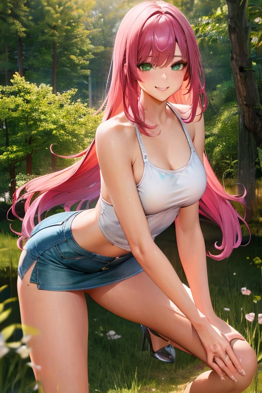 Best Picture, Masterpiece, 4K, High Quality, One Adult
Woman. The woman has pink hair. Her hair is bobbed, wavy. Long slit eyes, green eyes,
Model like beauty, perfect proportions. Perfect legs. Perfect arms. Tank top and tight mini skirt. High heels.
(A woman stands in the grass in the forest.
She has a blush on her cheeks and a mischievous smile on her face.