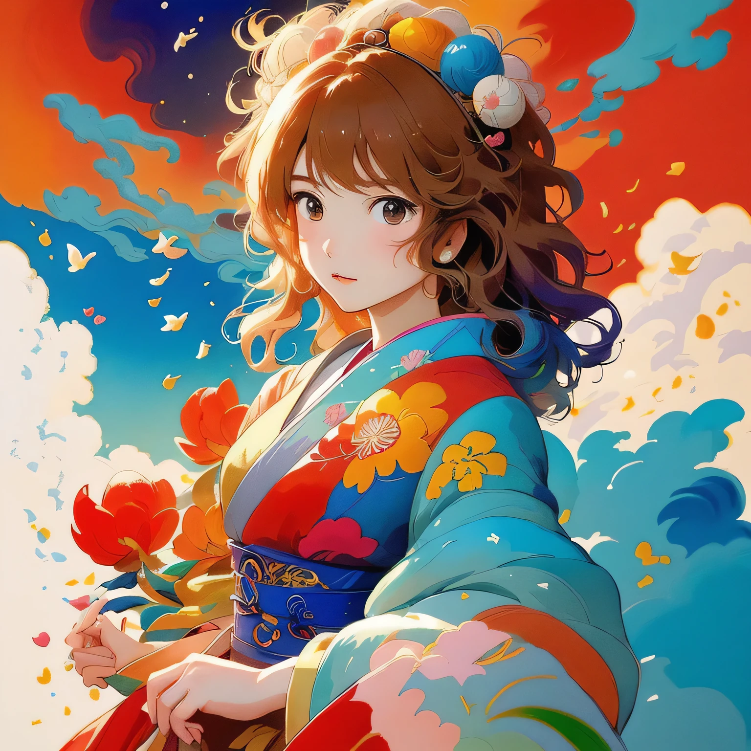 masterpiece, best quality Hayao Miyazaki style, Simple Line Initialism，Abstract art，Urban Background, (((The most beautiful girl of all time))), Sweet face. Lips in love, colorful hearts, stylish design, 夏のオシャレなTシャツ, 黒い瞳