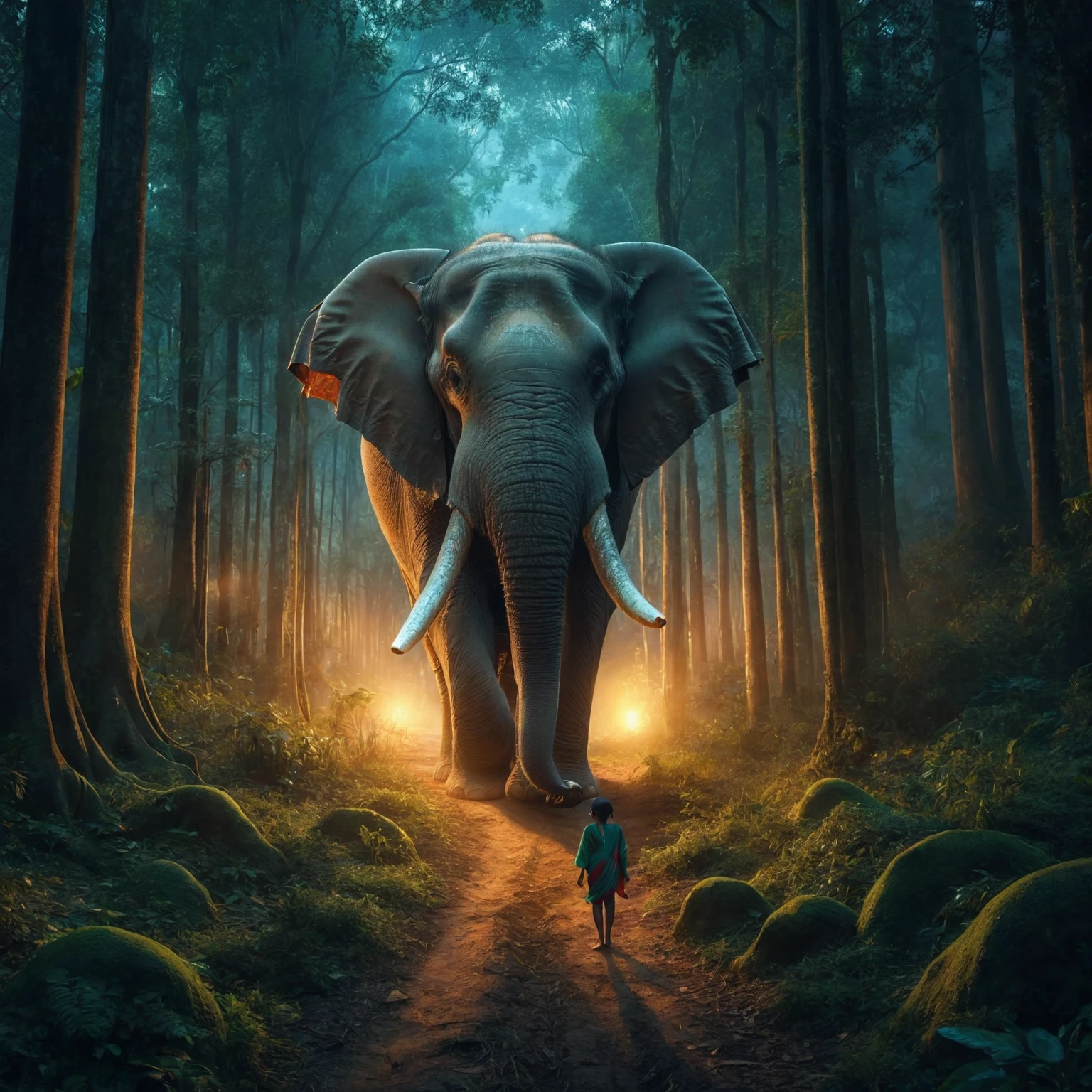 a whild elephant sitting in the jungle, thick dark forest, leaves, plants tall trees everywhere, a indian old women standing near elephant legs, holding a kid on hands. old women should be more detailed. skin tones detailed, wearing a saree. can u make old women and holding ??? little more bigger.