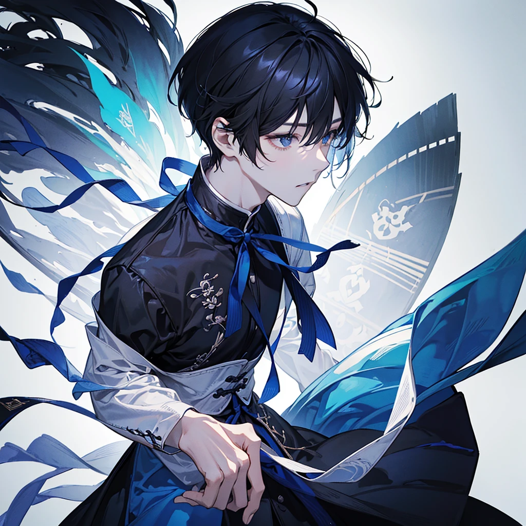 右を向いている1人の男性のClose-up、Profile facing right、He is looking straight to the side with his left hand under his chin like a thinker.、Her hair is swept back with an up-bang.、Two Block、Black Hair、Perm、Light blue shirt、No tie、Kind of like a counselor、Soft atmosphere、Simple illustration、The background is gray、No shadow depiction、Close-up、icon、1boy、Concept Art、medium short hair length