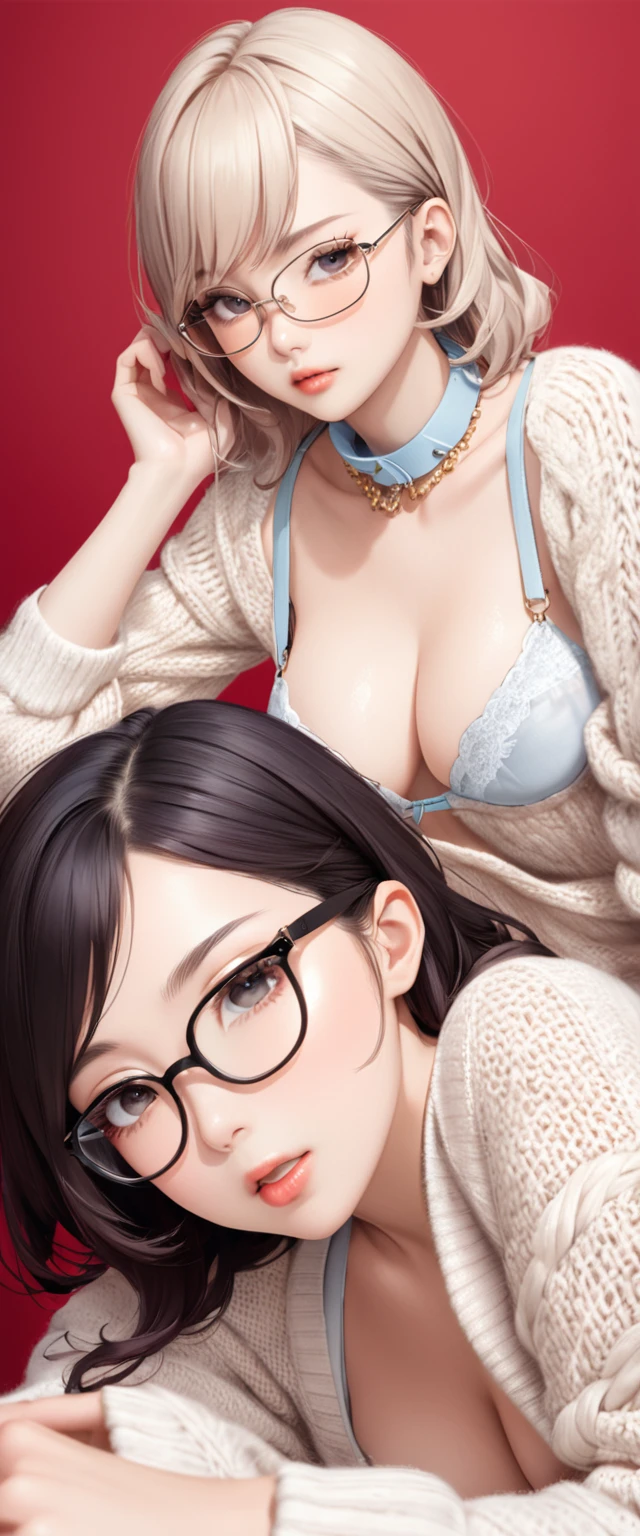 The private clothes of a top American gravure model specializing in cheating wives、Knitted clothing、Loose knitted sweater、Beautiful appearance、Gravure pose、Glasses、20s baby face、Bra glimpse, bra visible through the collar of the sweater、slouch
