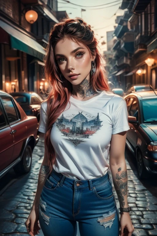 light red hair, vibrant blue eyes, pale white skin, portrait, rock clothing, band clothing, fine nose, thin chin, dark night scene, tattooed , RAW color art with high detail., (detailed skin, skin texture), (muscle), intricate details, fine details, hyperdetailed, ray tracing, subsurface dispersion, soft and diffuse lighting, red and blue spotlight, por Jeremy Mann, Greg Manchess, Antonio Moro, trend in artstation, trend on CGSociety, Intricate, High detail, sharp focus, Dramatic, photorealistic Midjourney painting, background bokeh, pub, Best Quality, masterpiece, only 1 girl, fullbody portrait, dark atmosphere at night, look at the viewer, White T-shirt, blue jeans, night bar, country scene, thin girl