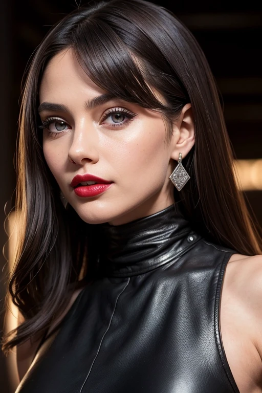 (1 girl:1.5),(top quality,4K,8 K,a high resolution,masterpiece:1.2),super detailed,(valid,photovalid,photo-valid:1.37),station,dark brown hair,Red lips女孩,black evening dress,elegant clothes for girls,Red lips,perfect lipstick application,(beautiful eyes:1.4),silver hair,Brown eyes,slight smile,happy expression,Refined leather,Stunning face,long eyelashes,black eyeliner,Artwork,(black belt:1.2),drop earrings,Women's love throughout the body, huge breasts
