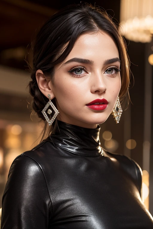(1 girl:1.5),(top quality,4K,8 K,a high resolution,masterpiece:1.2),super detailed,(valid,photovalid,photo-valid:1.37),station,dark brown hair,Red lips女孩,black evening dress,elegant clothes for girls,Red lips,perfect lipstick application,(beautiful eyes:1.4),silver hair,Brown eyes,slight smile,happy expression,Refined leather,Stunning face,long eyelashes,black eyeliner,Artwork,(black belt:1.2),drop earrings,Women's love throughout the body, huge breasts