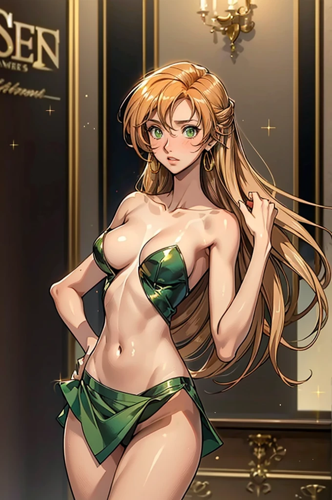 1girl,a beautiful fashion model ,(masterpiece, official art, best quality) (perfect eyes) , light brown and shiny hair, orange highlights in hair, full lips, upturned nose medium , , elegant makeup, exhibitionism, , slim thighs, toned body, shiny skin,  pose,,(( (slender, skinny, slim))), gold hoop earrings, pink eyeshadow, cute face, embarrassed, coy, surprised, blush, glittery skin, girl dancing on stage, skinny thighs, narrow hips, skirt lift, gold and green outfit, slutty, (tan skin, tan lines), green eyes, large breasts