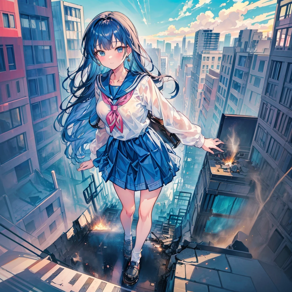 Composition viewed from below　(blue sky)　((cumulonimbus))　masterpiece　　Anime Style　Delicate painting　4K　90's　giant　crowd　 ((battlefield))　　((destroyed metropolis))　((Collapsed building))　((ruins))　((Rubble pile))　((fire))　((cigarette))　crowd　Crowd of people　((((A giant schoolgirl walking through the city valley)))　((Sailor suit))　White socks　watch　Black Hair　　smile　　female giant giant girl Whole body 　 Crowd Unreal Engine,cleavage ,a drawing of a , earrings, long hair,Cute picture　Beauty　Analog style　whole body　sneakers