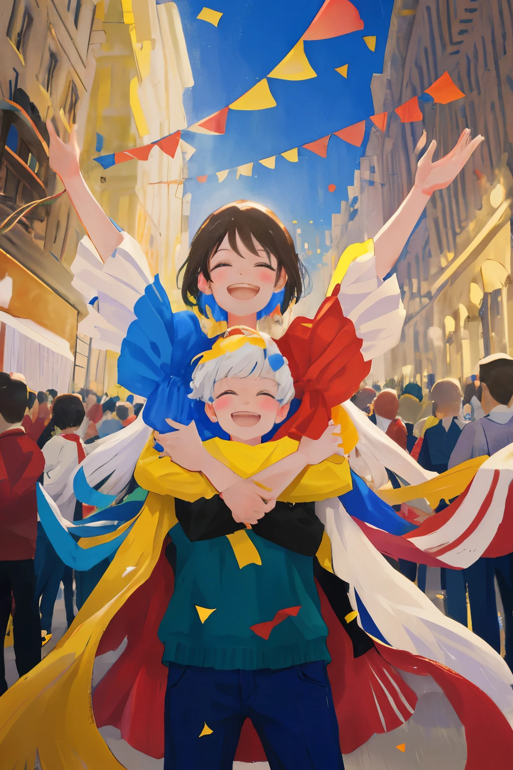 people celebrating victory in the streets, filled with families and joy, post-war era, a diverse crowd, various ages and backgrounds, unity and celebration, spontaneous dance and cheers, confetti and streamers flying, children laughing and playing, vibrant colors of national flags, joyful expressions, touching moments of reconciliation, Camera angle from above, capturing the energy and warmth of the moment, families hugging and embracing, a sense of hope and renewal in the air, a backdrop of buildings and monuments symbolizing the end of conflict, a sense of unity and peace prevailing.