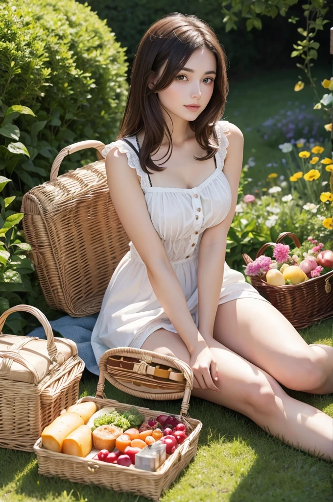 brunette woman, sitting in a garden with picnic basket.