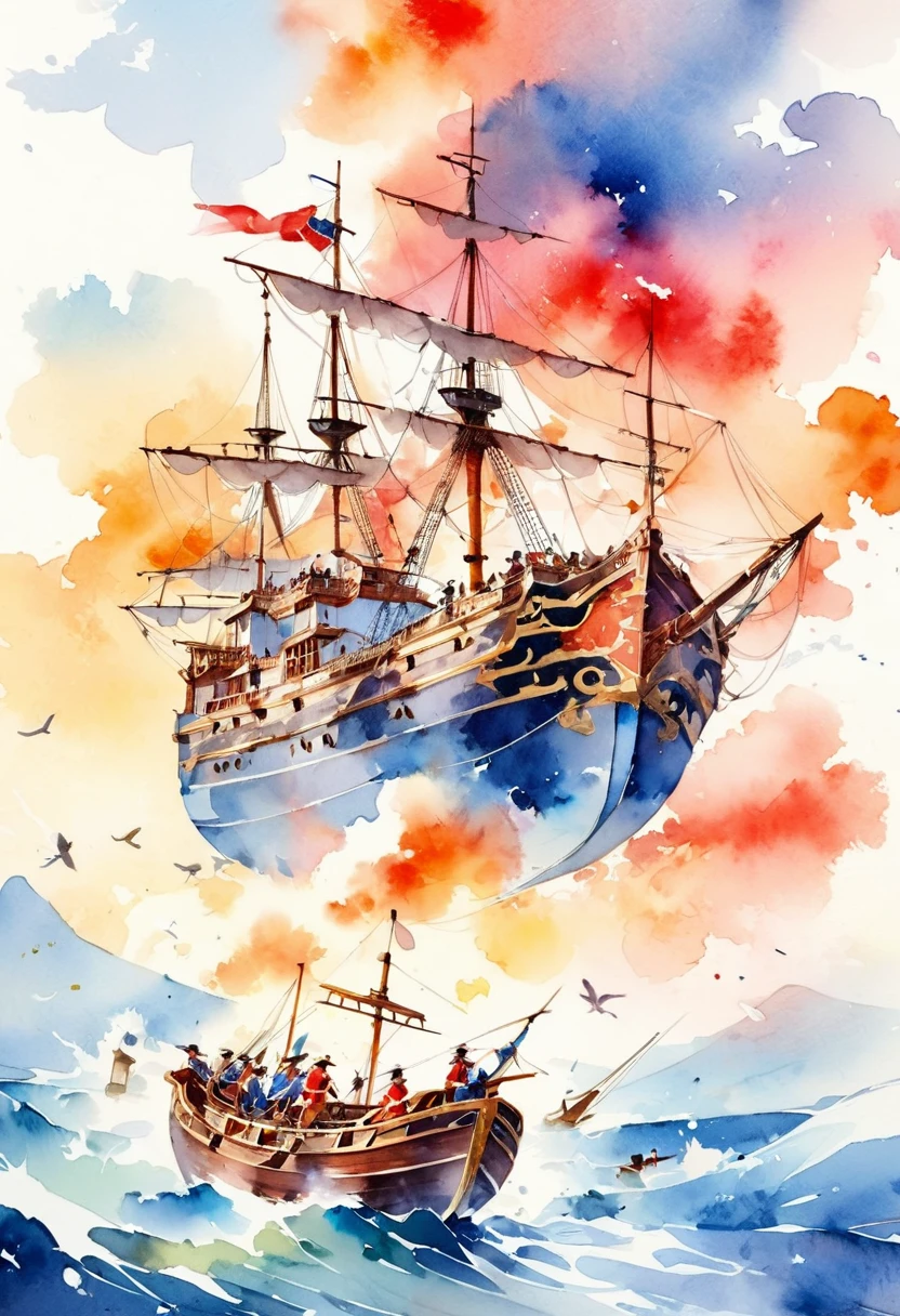 (best quality, high resolution, Watercolor Pirate War