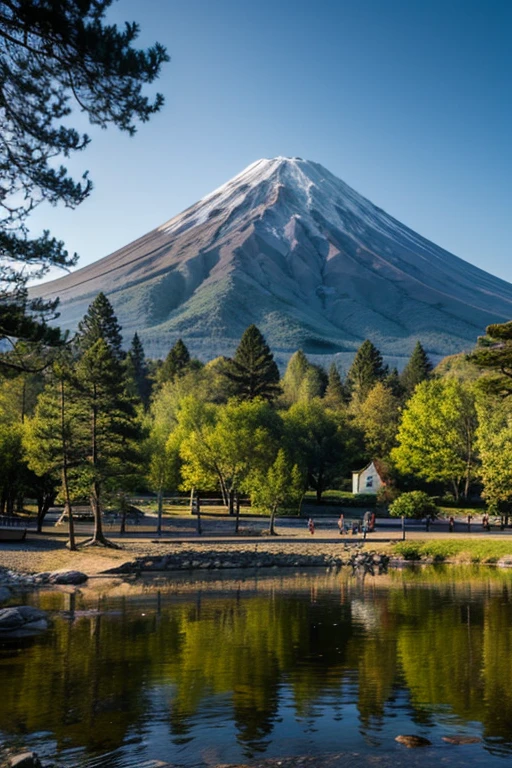 Mount Fuji on a clear summer day、Photo、Photographed from the Yamanashi Prefecture side、Photographed from the riverbank、A suspension bridge is reflected in the photo.