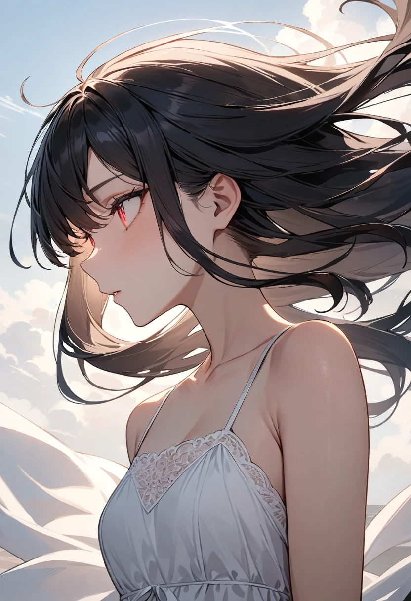 (masterpiece, top quality, very aesthetic, 4k、illustration), intricate detail, 1woman,、solo,contrapposto 、Strong glowing eyes、,(upper body)、、(Hair blowing sideways in the wind),beautiful face、from side、clear face、straight hair、red to black gradient hair、,middle hair,sidelock ,レッド　eyes、white Summer Dresses、small breasts、Slim 、