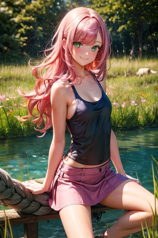Best Picture, Masterpiece, 4K, High Quality, One Adult
Woman. The woman has pink hair. Her hair is bobbed, wavy. Long slit eyes, green eyes,
Model like beauty, perfect proportions. Perfect legs. Perfect arms. Tank top and tight mini skirt. High heels.
(A woman stands in the grass in the forest.
She has a blush on her cheeks and a mischievous smile on her face.