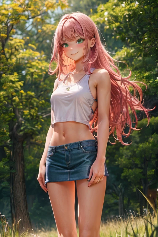 Best Picture, Masterpiece, 4K, High Quality, One Adult
Woman. The woman has pink hair. Her hair is bobbed, wavy. Long slit eyes, green eyes,
Model like beauty, perfect proportions. Perfect legs. Perfect arms. Tank top and tight mini skirt. High heels.
(A woman stands in the grass in the forest.
She has a blush on her cheeks and a mischievous smile on her face.