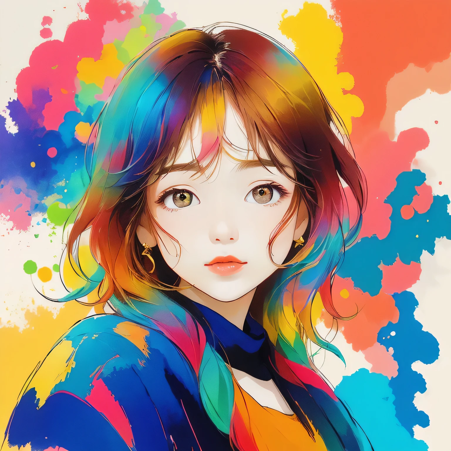 masterpiece, best quality Micho style, Simple Line Initialism，Abstract art，Urban Background, (((The most beautiful girl of all time))), Sweet face. Lips in love, colorful hearts, stylish design, 夏のオシャレなTシャツ, 黒い瞳