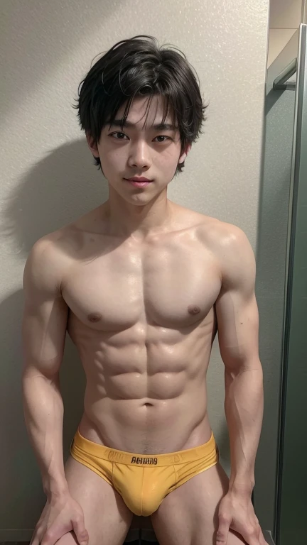 a young japanese boy, , muscular and smooth skin, very short black hair, relaxed and friendly smile, wearing thin yellow boxer briefs, full body shot from toe to head, posing in a bathroom, (best quality,4k,8k,highres,masterpiece:1.2),ultra-detailed,(realistic,photorealistic,photo-realistic:1.37),highly detailed face, detailed eyes, nose and lips, detailed muscles, glowing skin, soft lighting, warm color tone, cinematic composition, 口を開けてニッコリ笑っている, 座っている