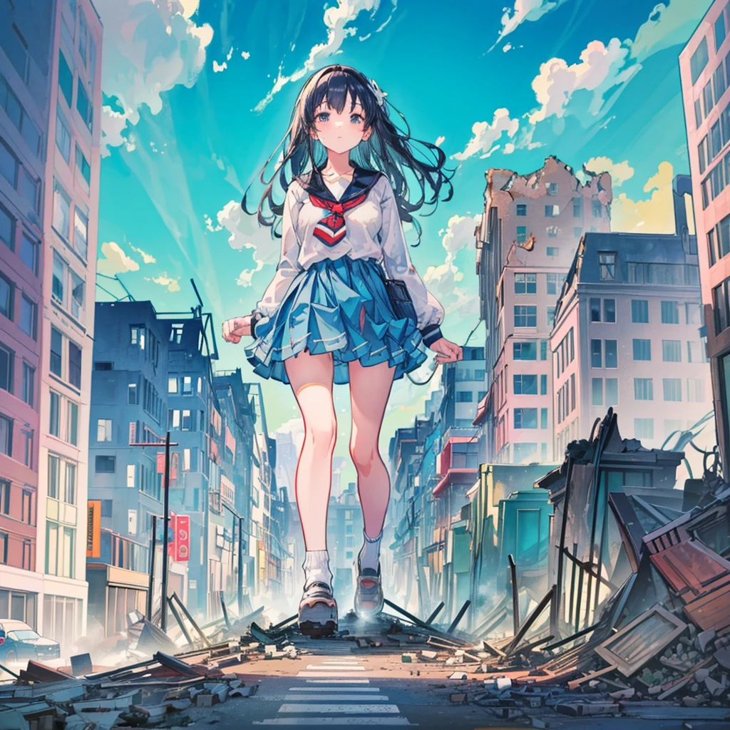 Composition viewed from below (blue sky) ((cumulonimbus)) masterpiece Anime Style Delicate painting 4K 90's giant crowd ((battlefield)) ((destroyed metropolis)) ((Collapsed building)) ((ruins)) ((Rubble pile)) ((fire)) ((cigarette)) crowd Crowd of people ((((A giant schoolgirl walking through the city valley))) ((Sailor suit)) White socks watch Black Hair smile female giant giant girl Whole body Crowd Unreal Engine,cleavage ,a drawing of a , earrings, long hair,Cute picture Beauty Analog style whole body sneakers