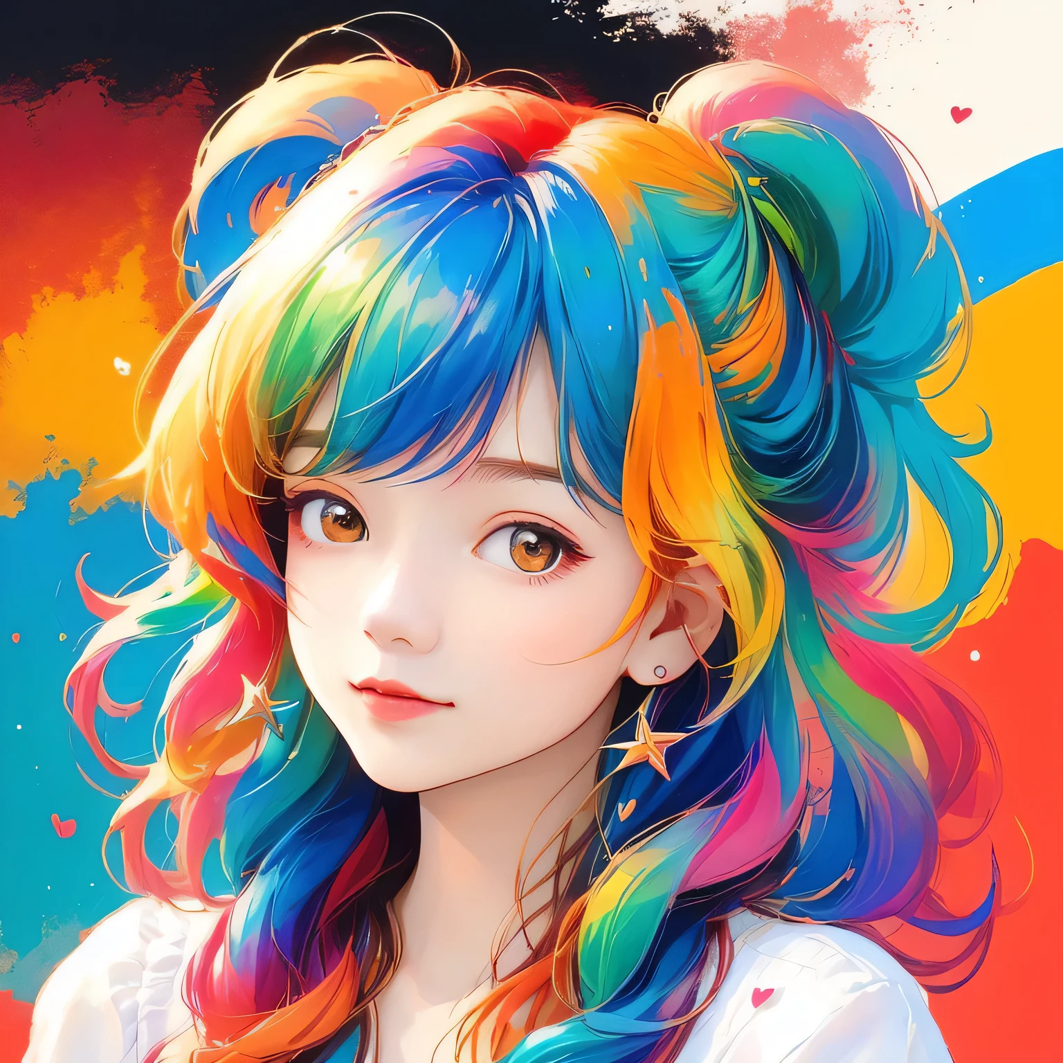 masterpiece, best quality Micho style, Simple Line Initialism,Abstract art,Urban Background, (((The most beautiful girl of all time))), Sweet face. Lips in love, colorful hearts, stylish design, 夏のオシャレなTシャツ, 黒い瞳