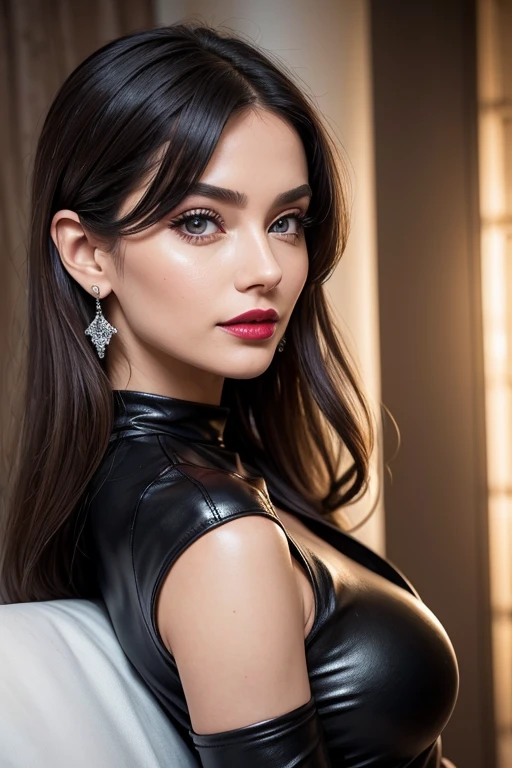 （1 bimbo girl：1.5），（top quality，4K，8 K，a high resolution，masterpiece：1.2），super detailed，（valid，photovalid，photo-valid：1.37），station，dark brown hair，Red lips女孩，black evening dress，elegant clothes for girls，Red lips，perfect lipstick application，（beautiful eyes：1.4），silver hair，Brown eyes，slight smile，happy expression，Refined leather，Stunning face，long eyelashes，black eyeliner，Artwork，（black belt：1.2），drop earrings，Women&#39;s love throughout the body,  huge breasts