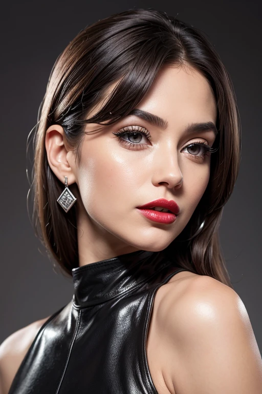 (1 bimbo girl:1.5),(top quality,4K,8 K,a high resolution,masterpiece:1.2),super detailed,(valid,photovalid,photo-valid:1.37),station,dark brown hair,Red lips女孩,black evening dress,elegant clothes for girls,Red lips,perfect lipstick application,(beautiful eyes:1.4),silver hair,Brown eyes,slight smile,happy expression,Refined leather,Stunning face,long eyelashes,black eyeliner,Artwork,(black belt:1.2),drop earrings,Women's love throughout the body, huge breasts