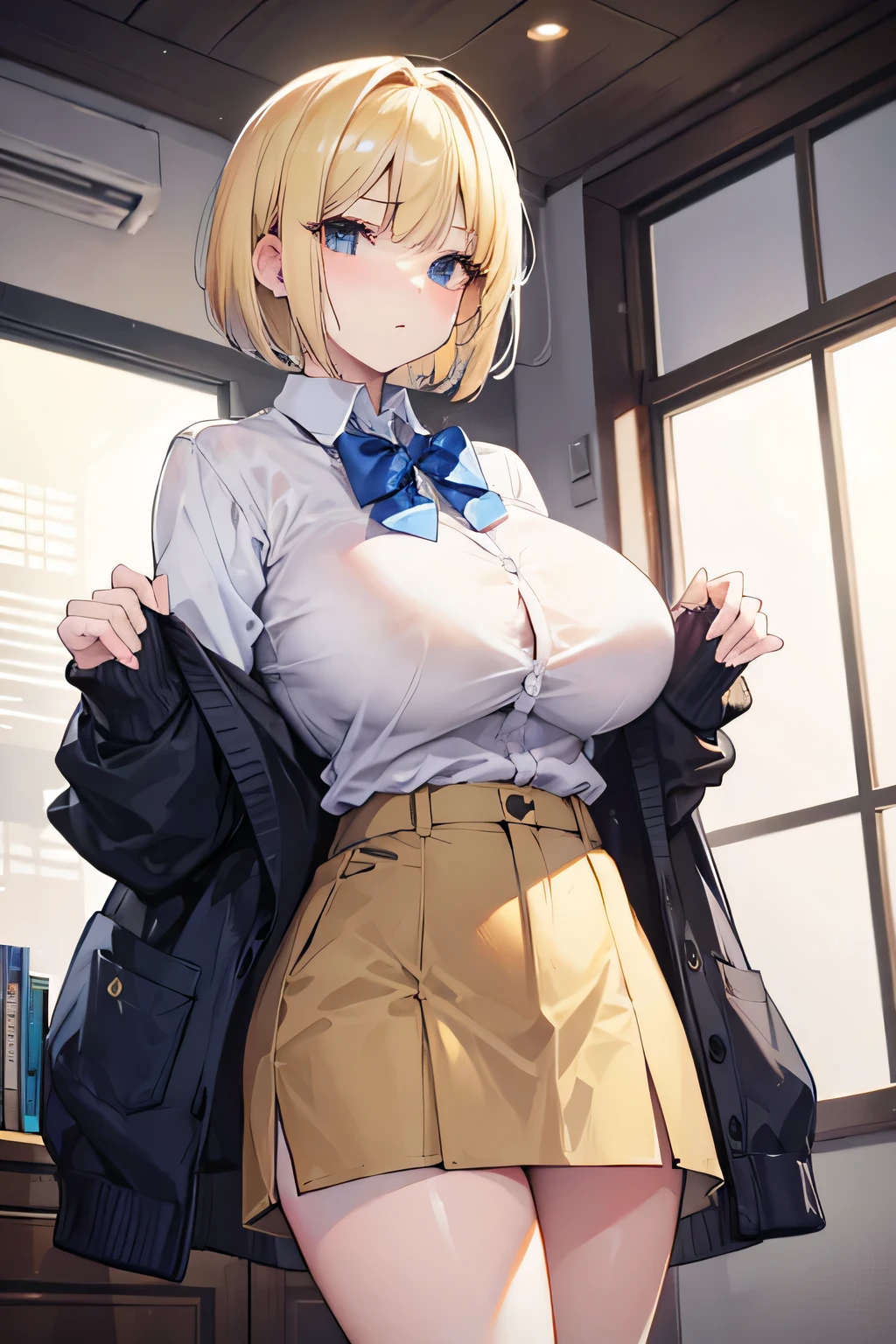 Blonde, short bob hair, big breasts, uniform, cardigan, apologize, join hands