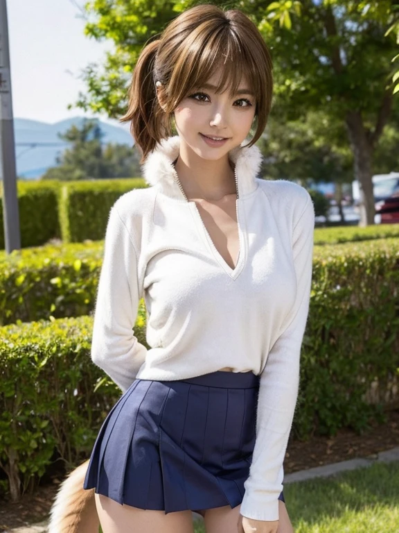 ((Highest quality, 8k)), ((masterpiece)), (Highest Resolution), Perfect Face, Fox Girl, high school girl, Beautiful woman, public, One tail, she has thick thighs, Big tail, She has a yellow fox tail., She wags her tail, Troubled face, Fur collar, She is wearing a short skirt, Beautiful Hips , Big Breasts, The skirt is rolled up at her tail