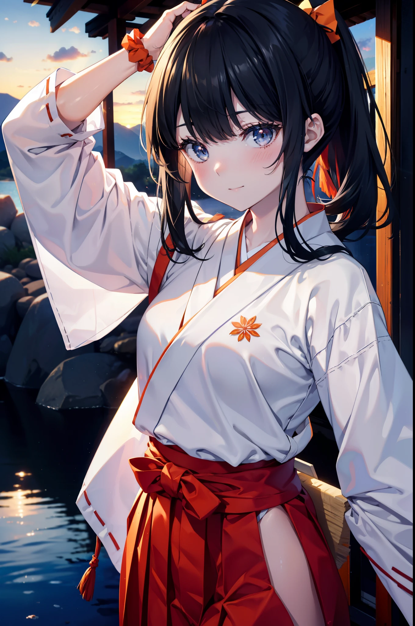 Rikka body,  Black Hair, blue eyes, Long Hair, orange Scrunchie, Scrunchie, wrist Scrunchie,smile,blush,White Kimono, kimono,Red Hakama,White tabi,Sandals Wide Sleeve, Long sleeve, Ribbon-trimmed sleeves,  Blunt bangs, Low ponytail, Are standing,whole bodyがイラストに入るように,sunset,evening,The sun is setting,
break outdoors, shrine,torii,
break looking at viewer, whole body, (Cowboy Shot:1. 5),
break (masterpiece:1.2), Highest quality, High resolution, unity 8k wallpaper, (figure:0.8), (Beautiful attention to detail:1.6), Highly detailed face, Perfect lighting, Highly detailed CG, (Perfect hands, Perfect Anatomy),