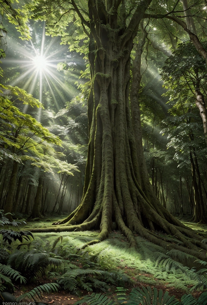 A lush green forest with towering ancient trees, sunlight streaming through the dense canopy, low-angle view from the forest floor, stunning natural lighting, detailed landscape, photorealistic, 8k, cinematic composition, dramatic lighting, vibrant colors, serene atmosphere
