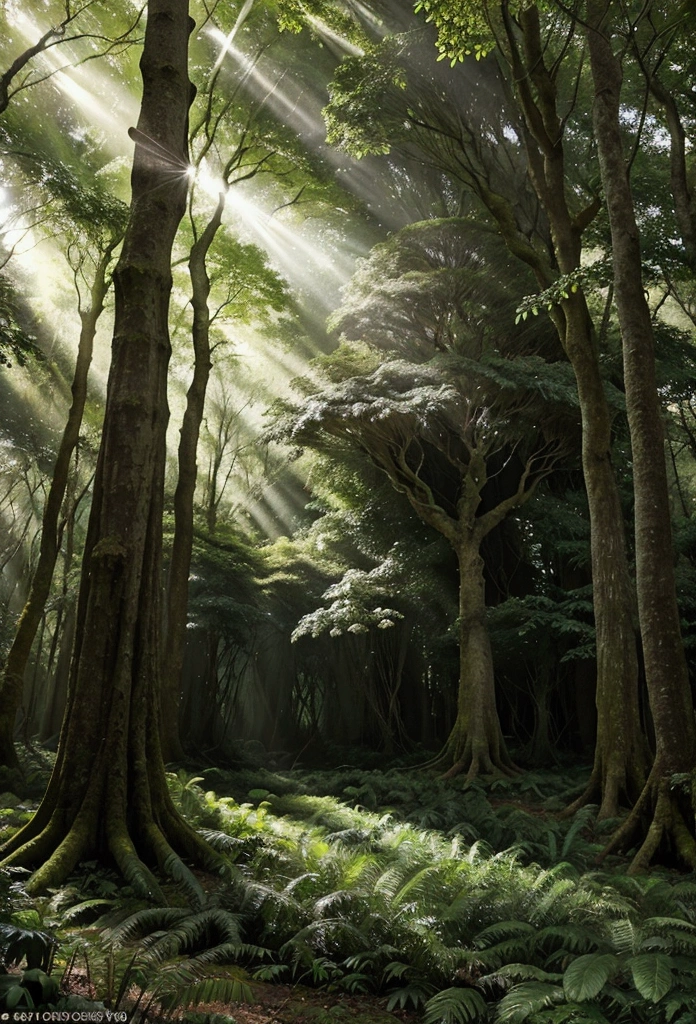 A lush green forest with towering ancient trees, sunlight streaming through the dense canopy, low-angle view from the forest floor, stunning natural lighting, detailed landscape, photorealistic, 8k, cinematic composition, dramatic lighting, vibrant colors, serene atmosphere