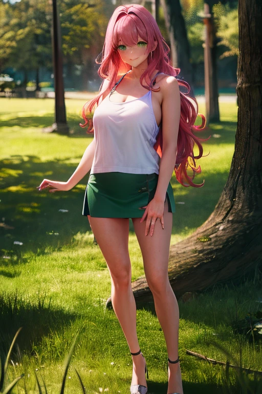 Best Picture, Masterpiece, 4K, High Quality, One Adult
Woman. The woman has pink hair. Her hair is bobbed, wavy. Long slit eyes, green eyes,
Model like beauty, perfect proportions. Perfect legs. Perfect arms. Tank top and tight mini skirt. High heels. 
(A woman stands in the grass in the forest.
She has a blush on her cheeks and a mischievous smile on her face.

