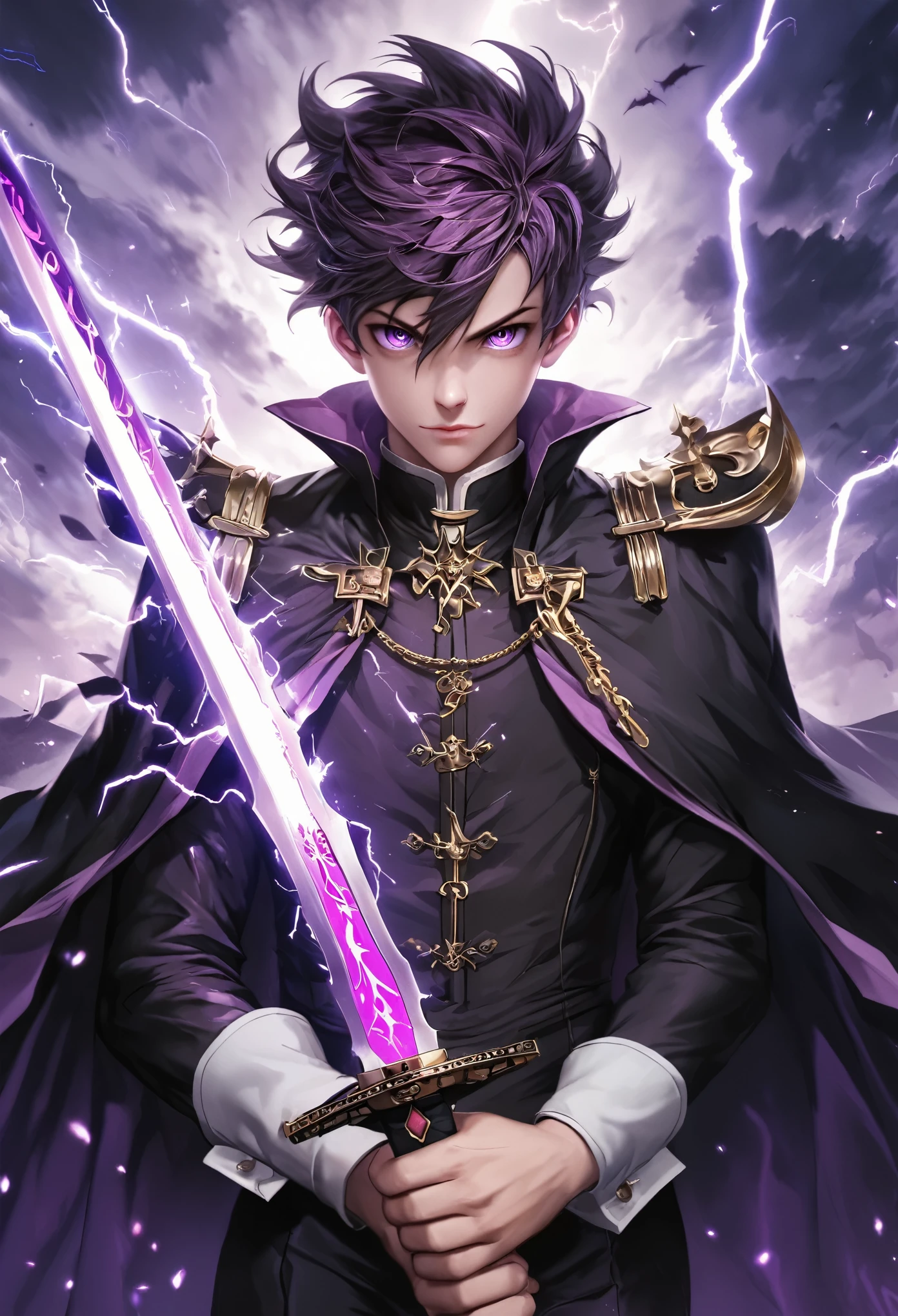 masterpiece, Highest quality, Highly detailed CG Unity 8k wallpaper, Purple sword imbued with lightning. It is made with great precision. Very precise, High resolution, sharp, Holding a glowing sword. He is looking at you with big eyes and sharp eyes. The sword glows purple.、It gives off an evil vibe. Three-dimensional illustrations with a sense of depth, (((The tip of the sword is aimed at the viewer.))), Anatomical Hand, Anatomical Fingers, Perfect hands, Perfect Fingers