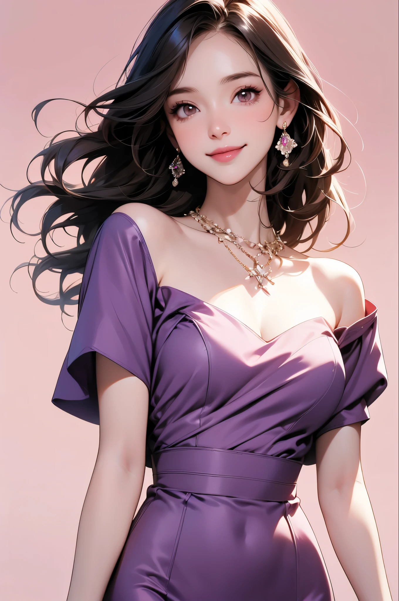 high resolution,smile,woman,woman1人,adult,Clear,cute, Black Hair,BREAK, Brown eyes,BREAK, Hostess,Purple Dress,Diamond Necklace,BREAK,Pink background,Light on head,