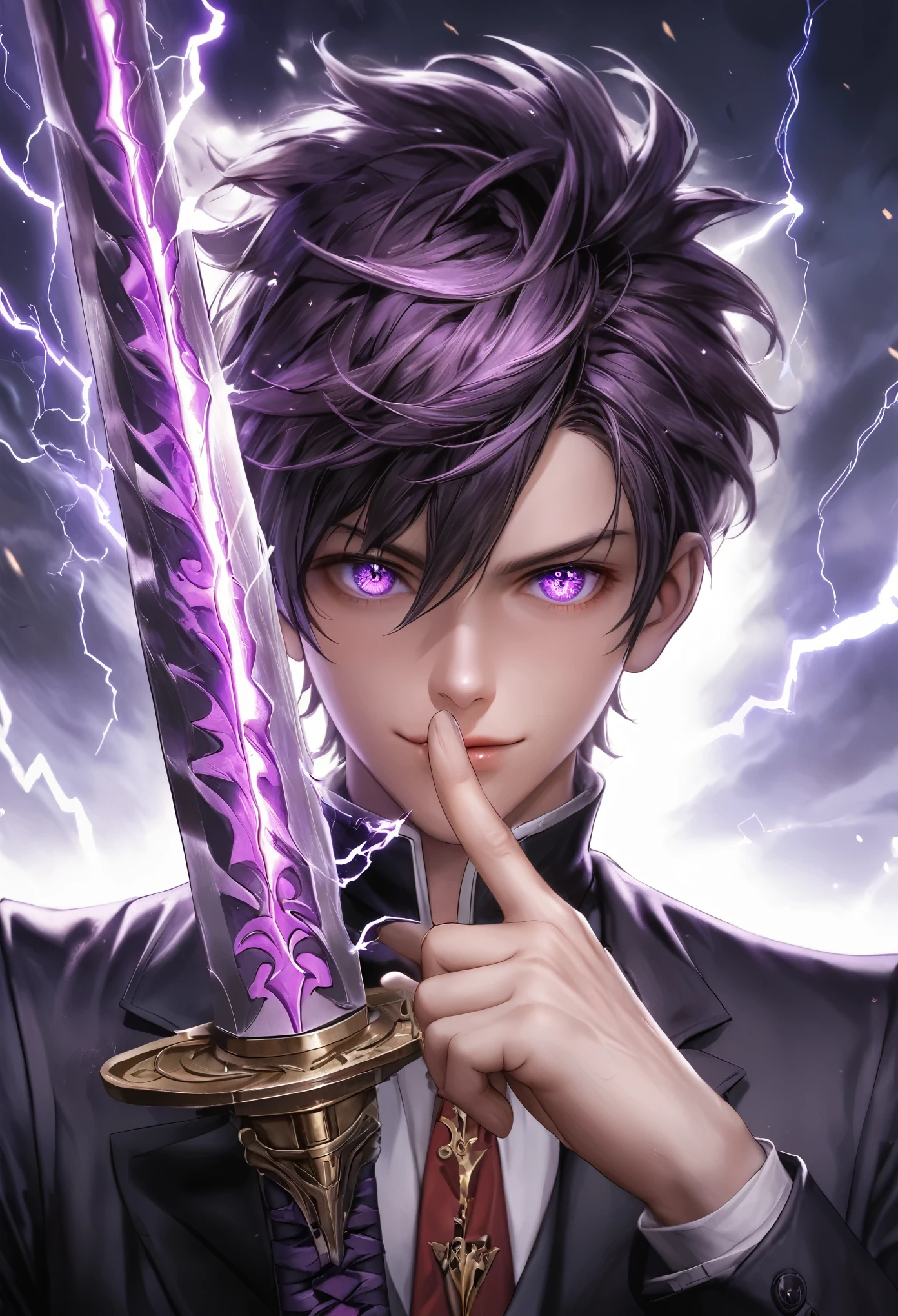 Masterpiece, top quality, high definition CG Unity 8k wallpaper, purple sword with lightning. Made with great precision. High resolution, has a sharp glowing sword. He is looking at you with big eyes and sharp eyes. The sword glows purple, creating an evil atmosphere. Three-dimensional illustration with a sense of depth, (((the tip of the sword is facing this))), anatomical hand, anatomical finger, perfect hand, perfect finger