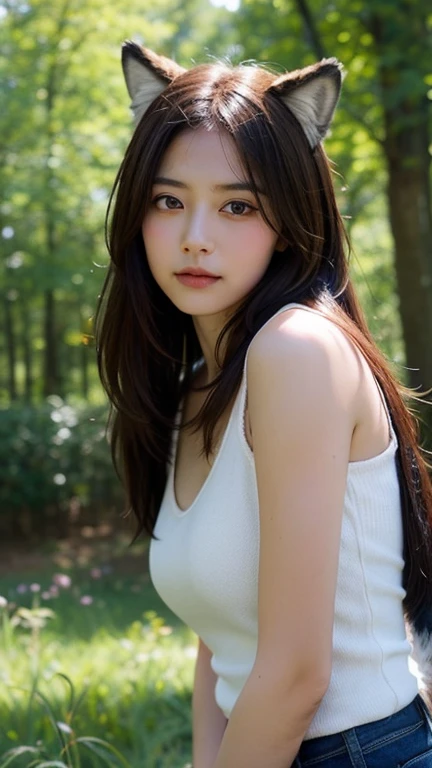 masterpiece,best quality, 1 girl, alone, A faint smile, A faint smile, cherry, Dappled sunlight, Butterfly, grass animal ears,Wolf ears,long hair, Tail, wolf Tail, Red eyes, Wolf Girl,brown hair,,