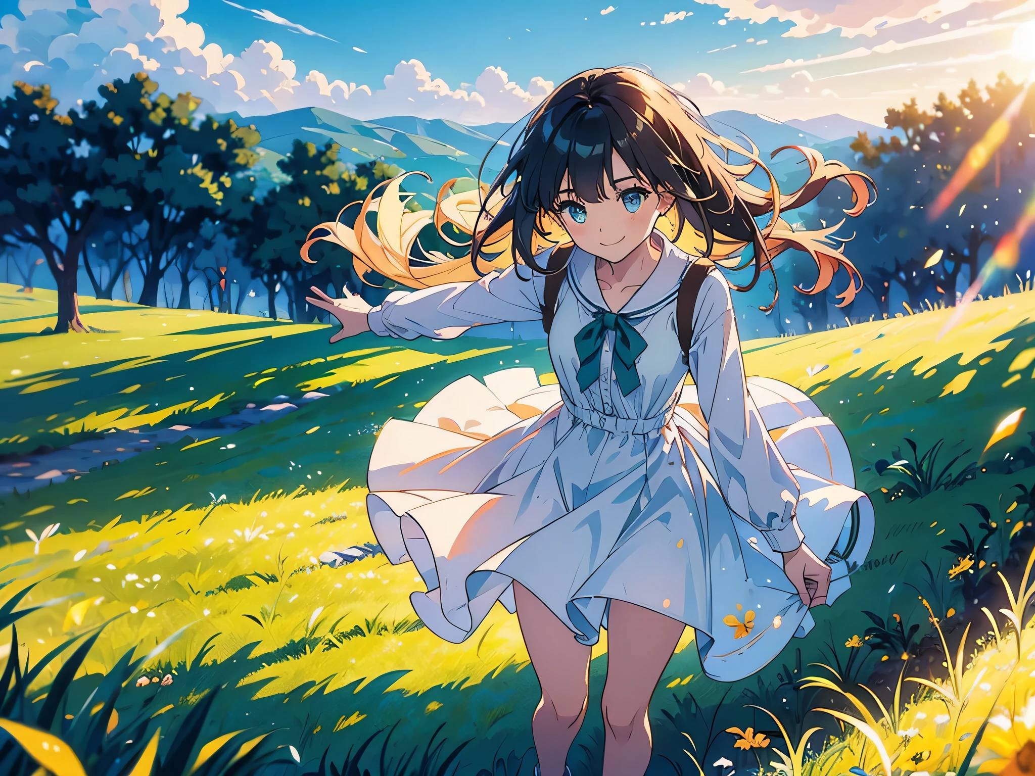 green pastures, detailed sky, clear sky, horizon clouds, detailed ground, girl, portrait , beautiful eyes, smiling, young woman, simple outfit , white two-strap dress ,running with arms outstretched on the grassland, side view from above, golden afternoon sunlight, lens flash , noise particles effect, strong wind , leaves blowing in the wind , shaking the grass, CONCEPT ART