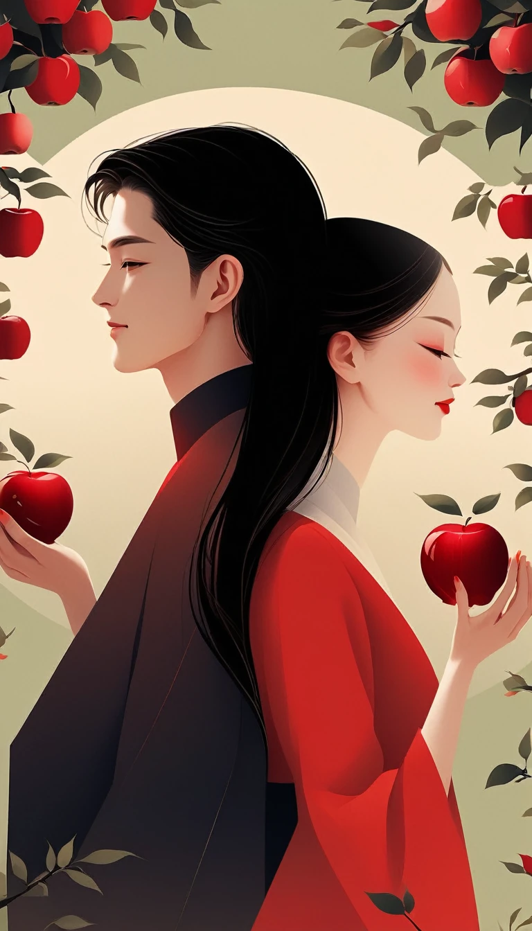 vector,Flat form,illustration,The Minimalists,数字艺术illustration,Apple Tree下,Couple,2 people,Back to Back,Smile,Unique,Black long hair,Pretty Face,portrait,Shoulder,Beautiful hands,It is artistic conception,Abstract,Red hue,Apple Tree,Rose,Red Apple