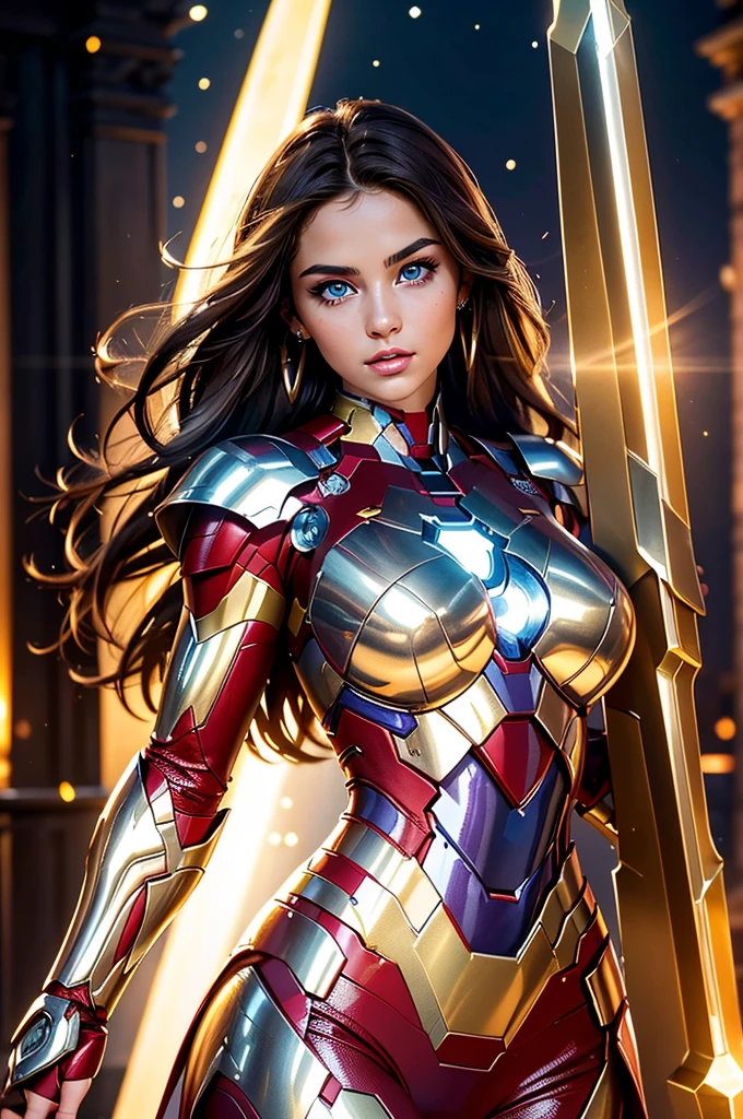 (wide shot)(full body shot)Full-length hyper realistic cosplay photograph of a beautiful woman, 20 years old,as
a Assassin with
- Shimmering, shining armor themed by Iron Man
- Golden, shiny skin
- Glowing eyes
- Transparent, polished armor
- Dagger in one hand, glowing sword in the other
- One arm stretched upwards
- Movements elegant on a covention stage, athletic body, very light brown hair, ((light and bright blue eyes)), small earring in right ear, very long eyelashes, sensual lips, provocative and expression. big breasts, ,realistic, real face, hyper realsitic, influencer, insta influencer, beautiful, sexy, pretty