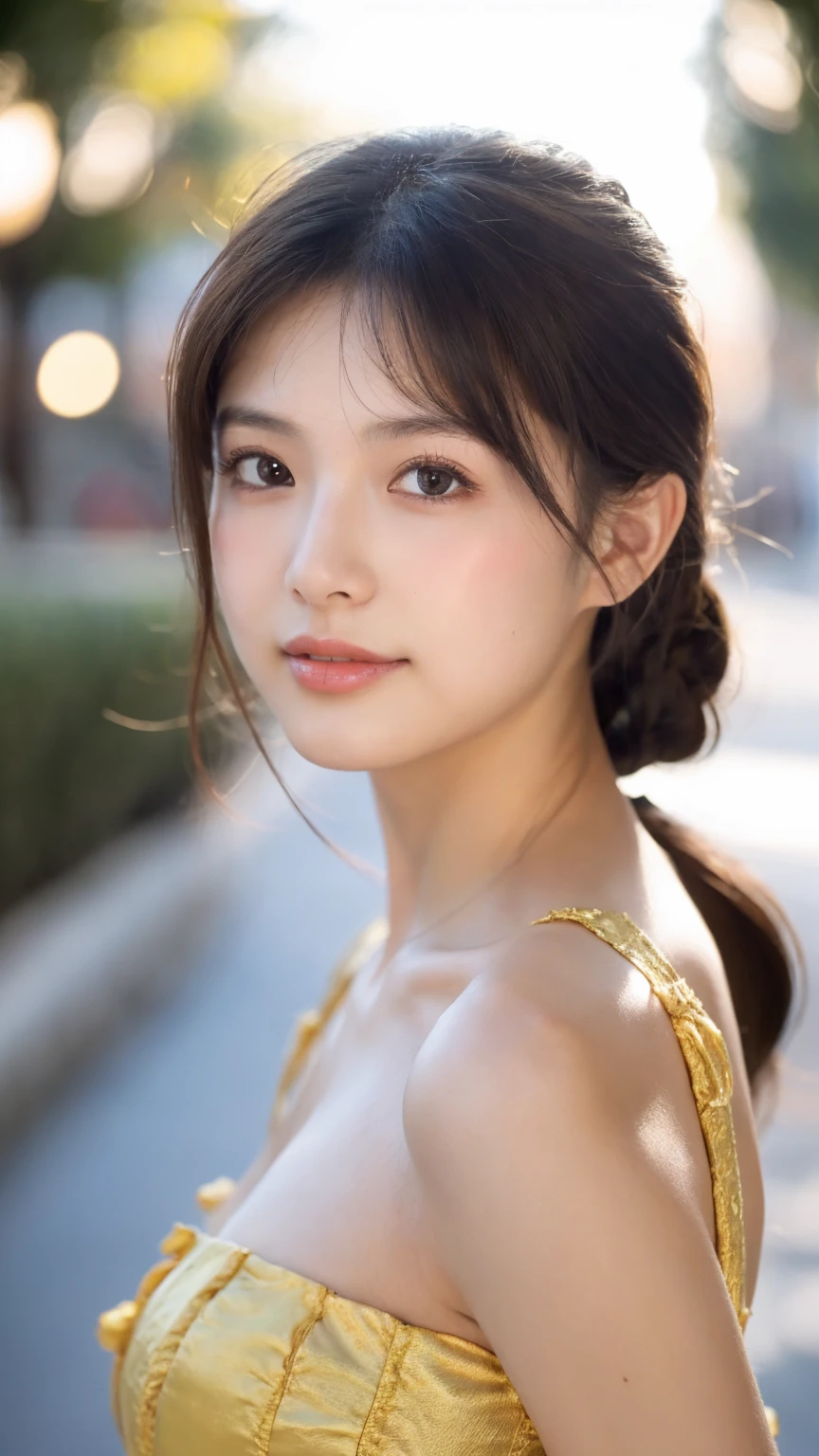 ((Best quality, 8k, masterpiece:1.3)),1girl,18 years old,Asian,Real texture:1.3,(Background blur:1.1),Dress Up,Tall and slender figure:1.2,(Hot summer weather),(street:1.3),Highly detailed face and skin textures,Exquisite eyes,Long eyelashes,Double eyelids,Skin Whitening,happy,Various postures,Beautiful breasts