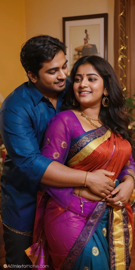 A radiant, full-figured South Indian 25 year old woman wearing a black saree tenderly hugging a jubilant 25-year-old man while in living room, captured in a full-body image with vibrant hues and meticulous details. Belly button visible . Full body image