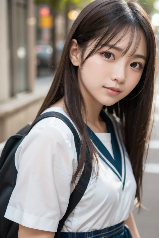 Cute 15 year old Japanese、on the road、Highly detailed face、Pay attention to the details、double eyelid、Beautiful thin nose、Sharp focus:1.2、Beautiful woman:1.4、Cute Hairstyles、Pure white skin、Highest quality、masterpiece、Ultra-high resolution、(Realistic:1.4)、Highly detailed and professional lighting、nice smile、Japanese school girl uniform