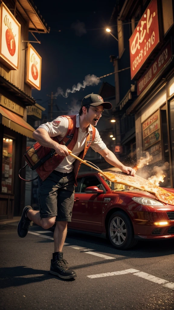 a delicious hot pizza delivery, 3D render, beautiful detailed food, steam, cheese, dynamic motion blur, warm lighting, tantalizing aromas, photographic, high-quality, intricate details, mouthwatering, appetizing, dramatic shadows, vibrant colors