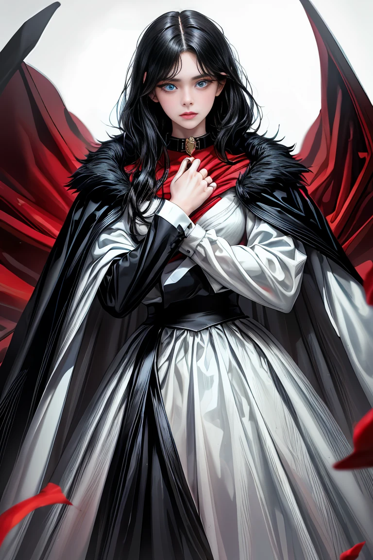 
masterpiece, 最high quality, high quality, 1 girl alone, Female focus, Watching the audience,  Messy black hair, Adorable big blue eyes, White people, Noble, Noble,A black and red cape bursting with sexy volume、Tuxedo、A very voluminous, large, very large, very large, long, long red and black cape with a high stand-up collar, made of a lot of fabric that reaches down to the floor., 17 years old,Cute beautiful girls,Cute, cute, kind, pretty girl