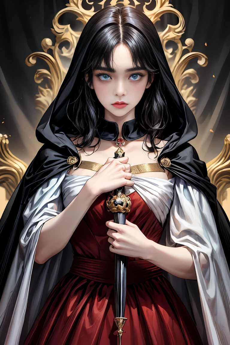 masterpiece, 最high quality, high quality, 1 girl alone, Female focus, Watching the audience, Messy black hair, Adorable big blue eyes, White people, Noble, Noble,A black and red cape bursting with sexy volume、Tuxedo、A very voluminous, large, very large, very large, long, long red and black cape with a high stand-up collar, made of a lot of fabric that reaches down to the floor., ,Cute beautiful girls,Cute, cute, kind, pretty girl
