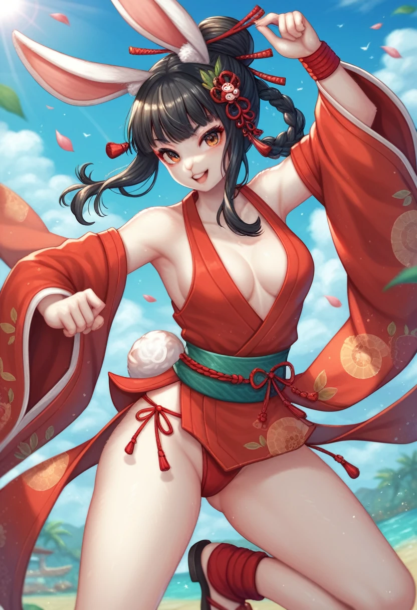 1girl, rabbitfolk, fantasy race, slutty revealing outfit, rabbit ears, rabbit tail, anthro rabbitfolk, martial artist, posing, black hair, anthro, anthro face, monk, hair ornament, bun, 