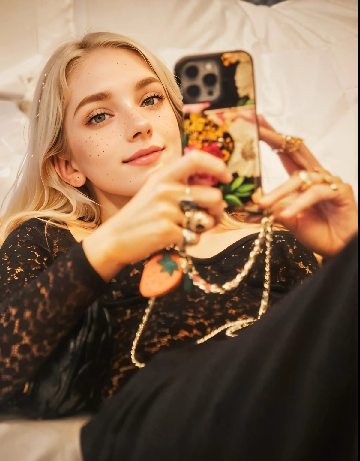 Woman, americana, age 25, pale skin and freckles, grey-eyed, delicate nose, soft and delicate lips, distant, cabelo blondie distant e ondulado na altura da cintura, Sweet smile, face with delicate feminine facial features, highly rendered, black leather pants