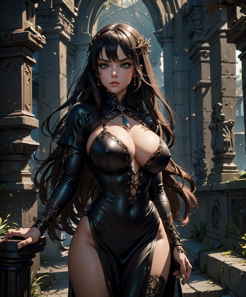 score_9, score_8_up, score_7_up, score_6_up, score_5_up, score_4_up, masterpiece, best quality, (((She has the body type of a British glamour model.))) (((Medieval fantasy attire.))) score_9, score_8_up, score_7_up, score_6_up, score_5_up, score_4_up, masterpiece, best quality,Generate an attractive and mysterious female adventurer for a fantasy setting. The background is dark, gloomy and eerie. The background is a sinister dungeon. The female hero is lithe, gorgeous and sexy, wearing black and brown leather. She seems intimidating, with a very sexy and alluring physique. gorgeous face, beautiful body, gothic art, Dungeons & Dragons character portrait, intricate details, ultra detailed, ultra detailed clothes, epic masterpiece, ultra detailed, intricate details, trending on Artstation, digital art, unreal engine, 8k, ultra HD, centered image, solo focus, unreal engine, sharp focus, dappled lighting, (backlighting:0.7), film grain, photographed on a Sony A7R IV, 18mm F/1.7 cine lens